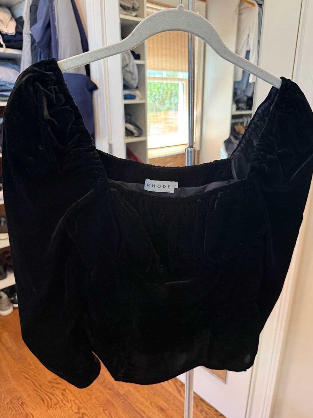 RHODE Black Velvet Square-Neck Puff Sleeve Top